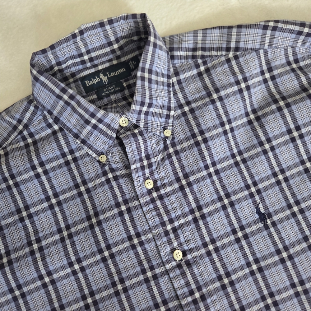 Vintage Ralph Lauren Polo Shirt Blake Blue Plaid Button Up Rugby Pony‎ Mens Sz L